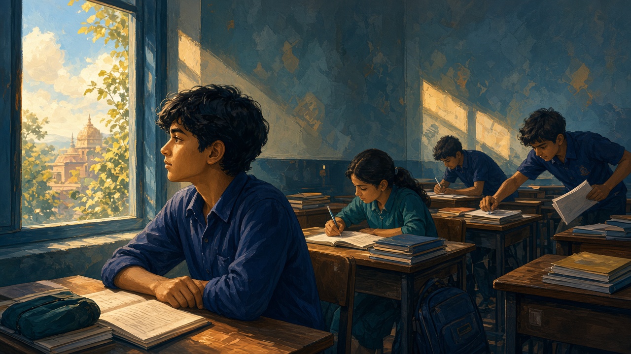 A gifted child looking out a classroom window while classmates focus on notes and ranks