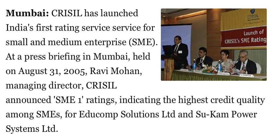 2005 news report: CRISIL announces India's first 'SME 1' ratings for Educomp Solutions and Su-Kam Power Systems