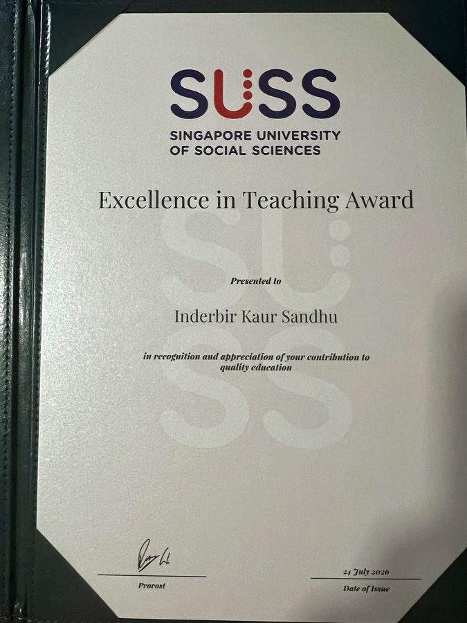 Dr Inderbir Kaur Sandhu's SUSS Excellence in Teaching Award 2023 certificate