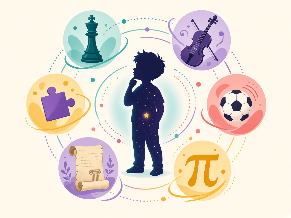 Illustration of a child surrounded by colourful interest domains — chess, music, sport, maths, history, and puzzles