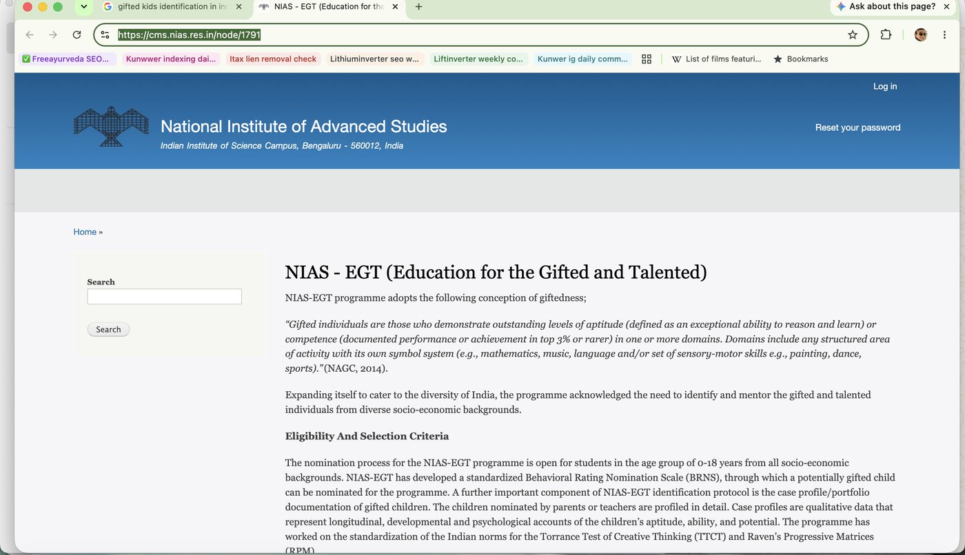 Screenshot of the NIAS-EGT (Education for the Gifted and Talented) programme page at the National Institute of Advanced Studies