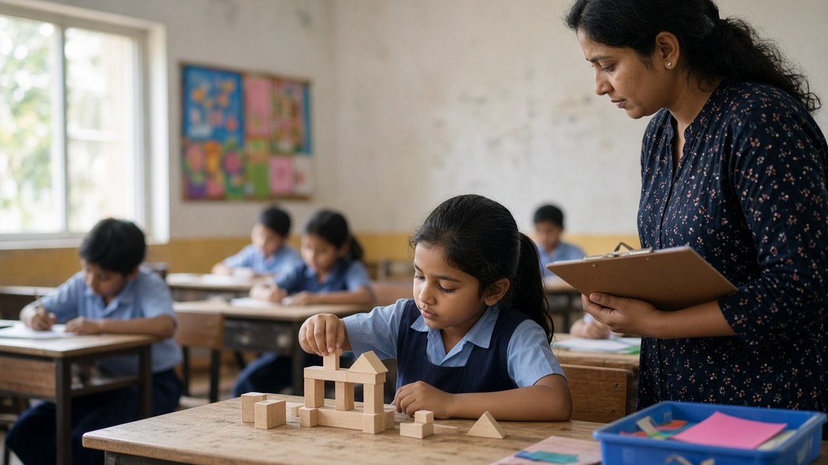 Teacher observing a child building during class
