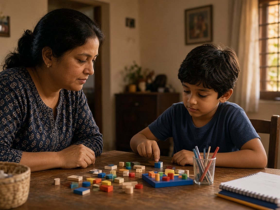 Parent and child exploring a puzzle at home