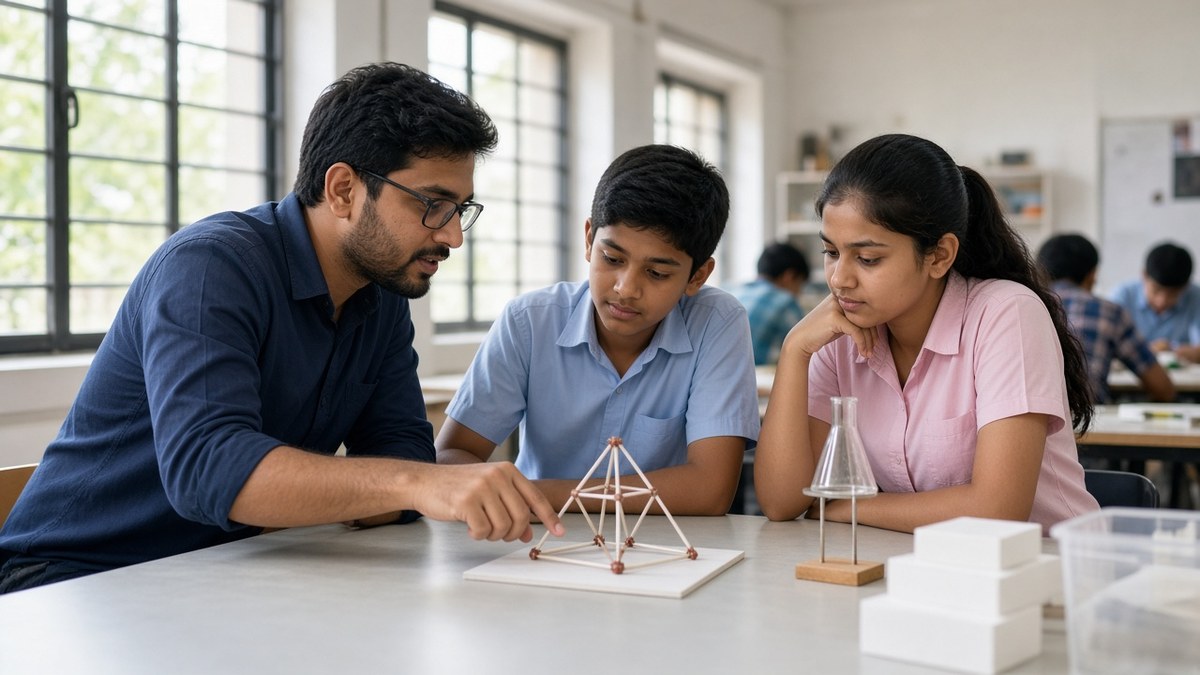 Mentor with students at a workshop table