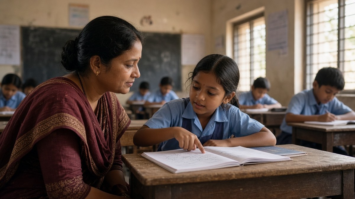 Teacher reviewing a notebook with a student