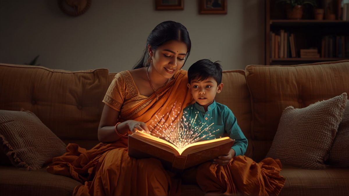 एक माँ अपने छोटे बेटे के साथ sofa पर बैठकर picture book पढ़ रही है