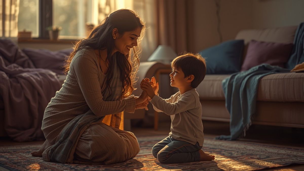 शाम की रोशनी में एक माँ ज़मीन पर बैठकर अपने छोटे बेटे के हाथ थामे उससे बात कर रही है